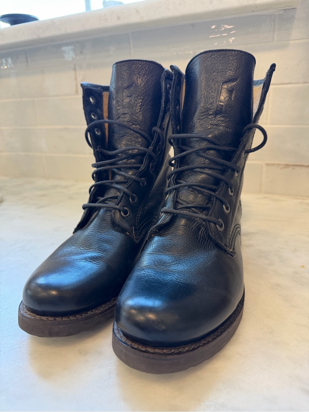 Frye Black Leather Lace-Up Combat Boots